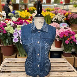 Saint Germain Blue Sparkle Lightweight Vintage Denim Vest w Sparkly Buttons L
